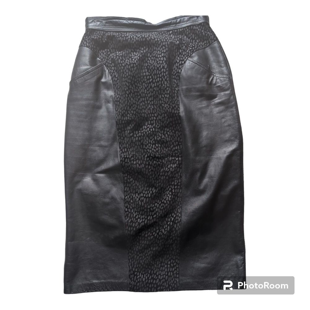 Vintage 1980s Winlit Black Leather Zipper Midi Pencil Wiggle Skirt 5/6 Fitted